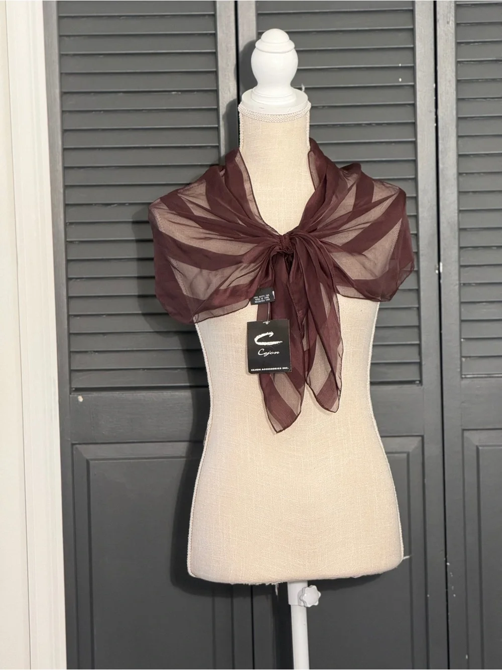 NWT Vintage Cejon Ready-Tie Scarf Sheer Stripe Wrap Shawl Brown Rosette Velcro